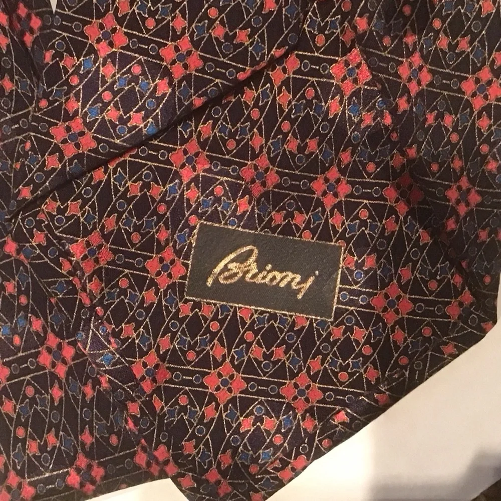 Brioni 100%‎ Silk Neck Tie Hand Made In Italy Red Blue Geometric Print 62